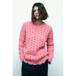 Pink Zara Wool-Blend Chunky Knit Oversized Crew Neck Scallop Hem Sweater (NWT)